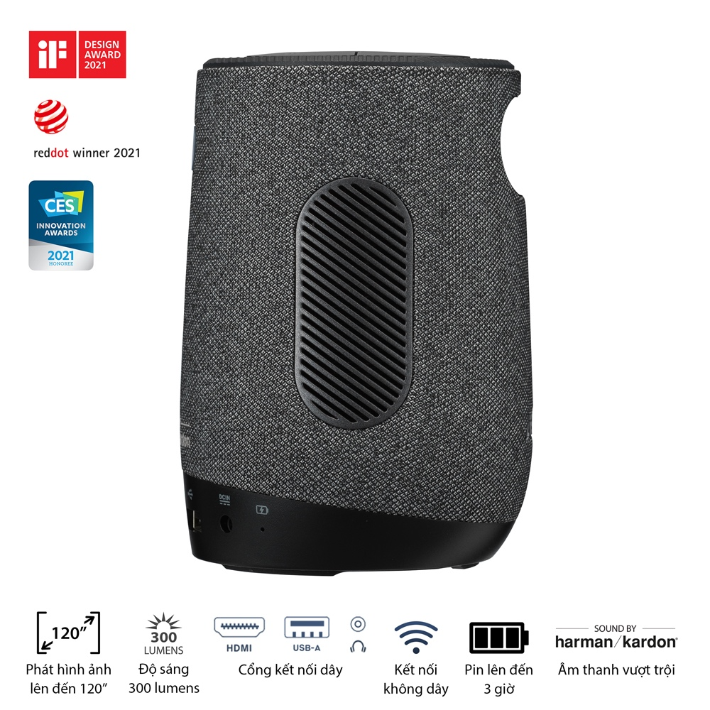 Máy chiếu LED di động ASUS ZenBeam Latte L1 - 300 Lumens, 720p, Công nghệ âm thanh từ Harman Kardon, Loa Bluetooth® 10 W, Phát video trong 3 giờ, Trình chiếu không dây, Pin tích hợp, USB Type-A, HDMI®