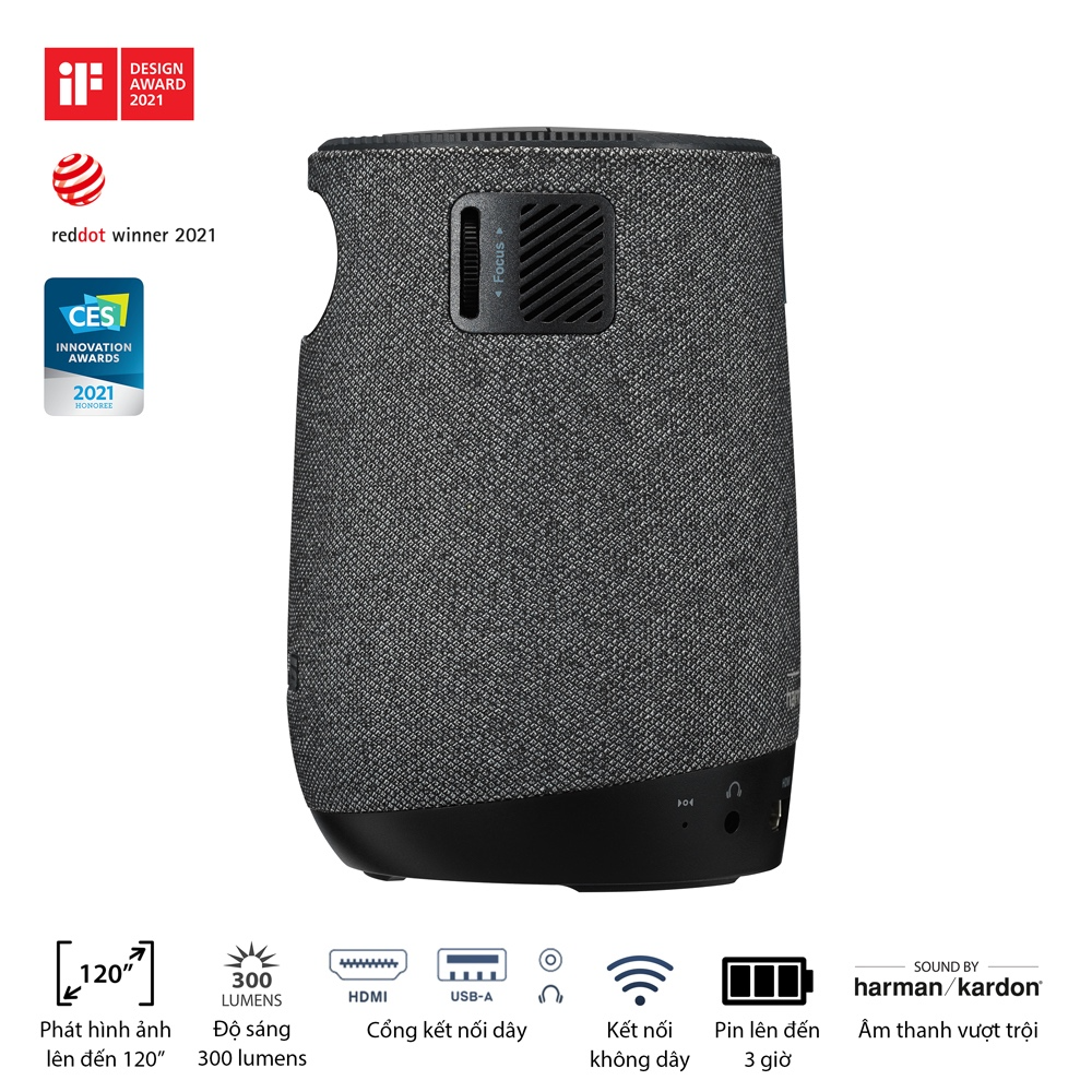 Máy chiếu LED di động ASUS ZenBeam Latte L1 - 300 Lumens, 720p, Công nghệ âm thanh từ Harman Kardon, Loa Bluetooth® 10 W, Phát video trong 3 giờ, Trình chiếu không dây, Pin tích hợp, USB Type-A, HDMI®