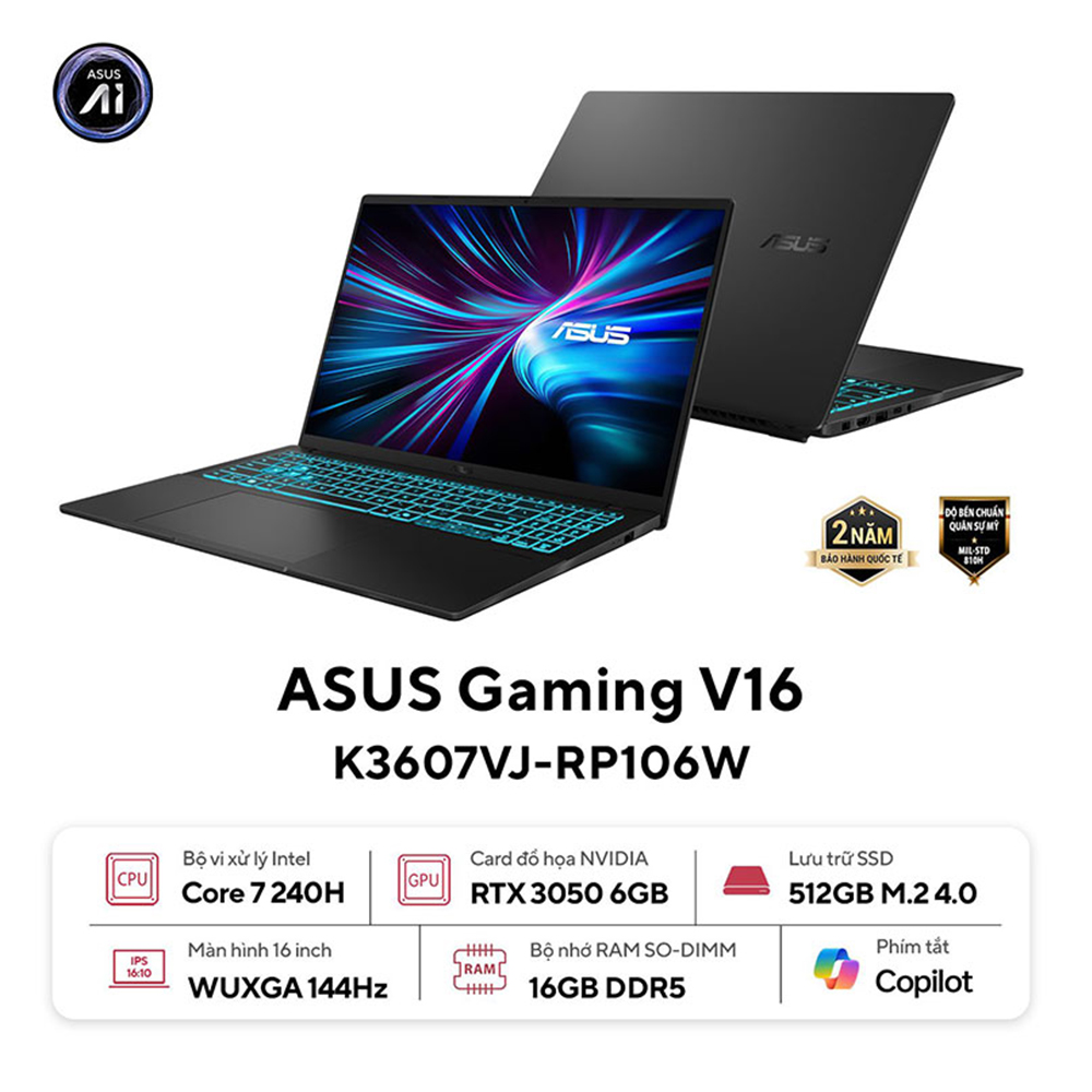 Laptop Asus Vivobook 16 K3607VJ-RP106W (Intel Core 7 240H | 16GB | 512GB | RTX 3050 6GB | 16 inch WUXGA | Win 11 | Đen)