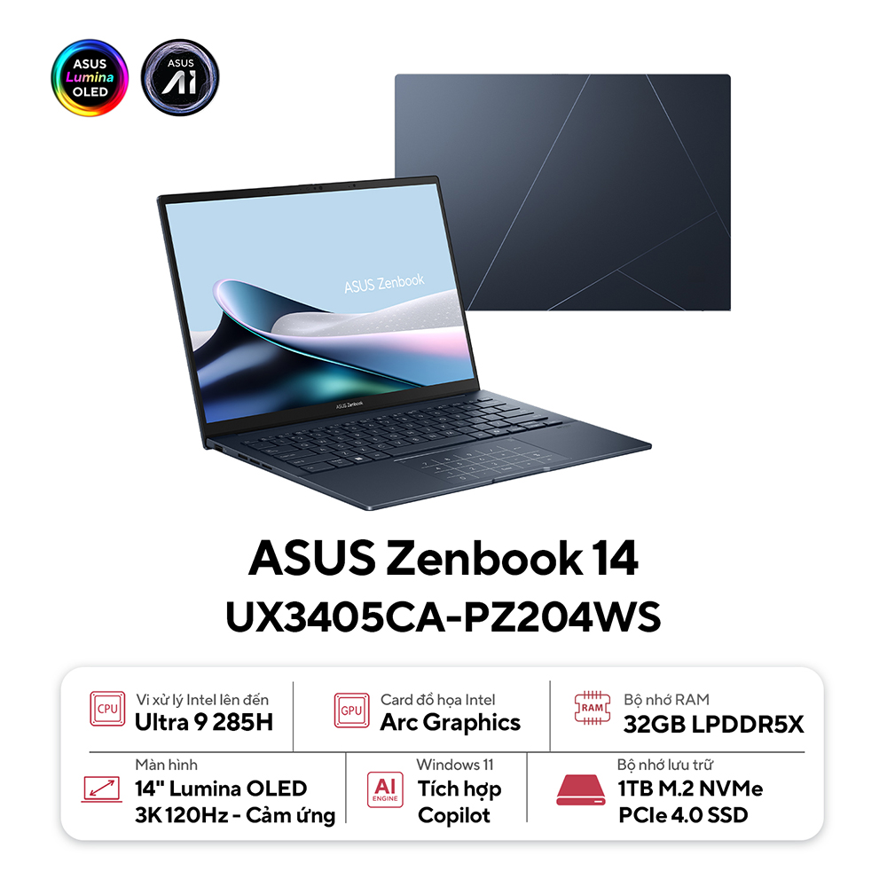 Laptop Asus Zenbook 14 UX3405CA-PZ204WS (Intel Core Ultra 9 285H | 32GB | 1TB | Intel Arc | 14 inch 3K OLED | Cảm ứng | Win 11 | Office )