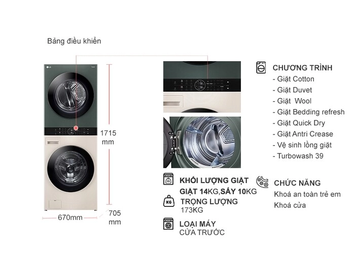 Tháp giặt sấy LG WashTower Inverter 14/10kg WT1410NHEG